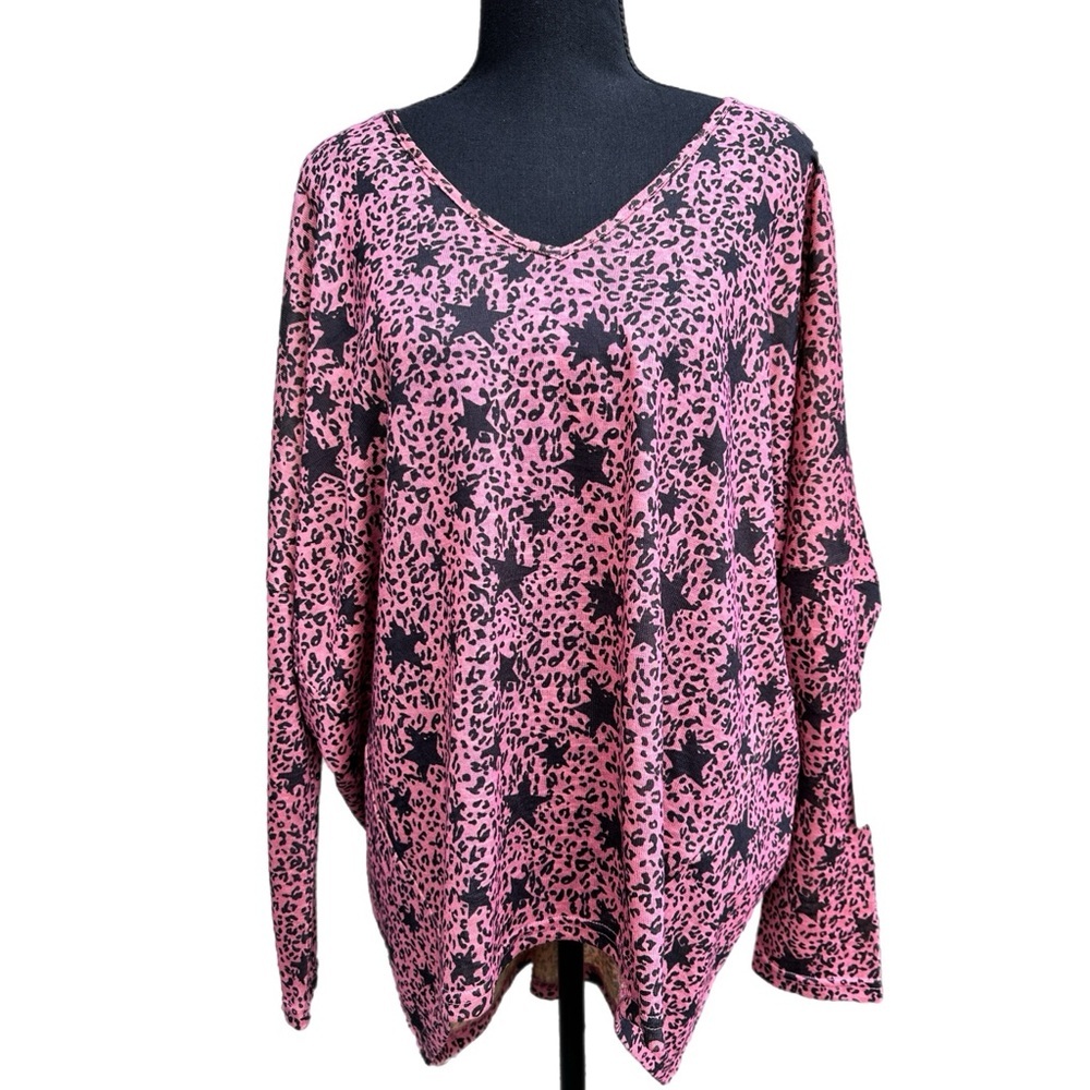Pink Dolman Top Black Star Print Long Sleeve Tunic Cozy Casual Women's Size L